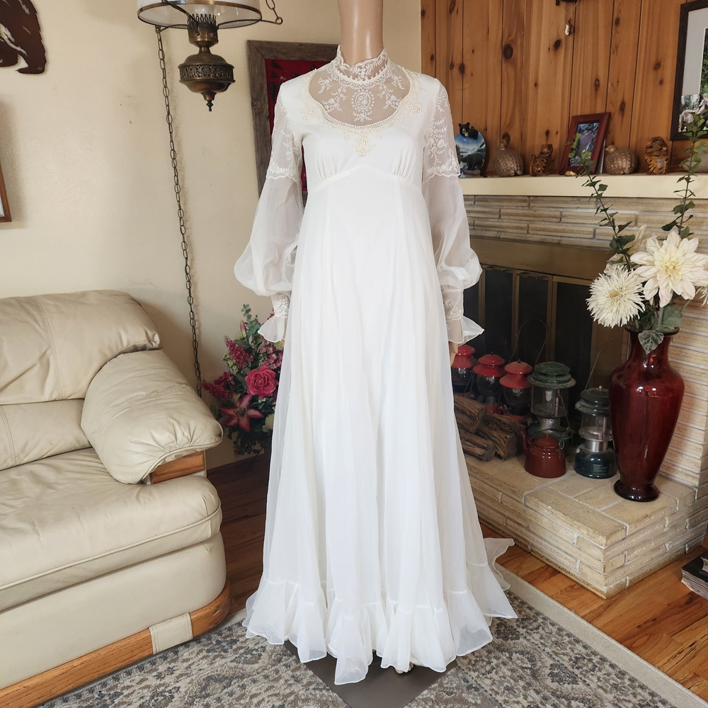 Vintage 1970s Milgrim Empire Waist Lace & Pearl Wedding Gown